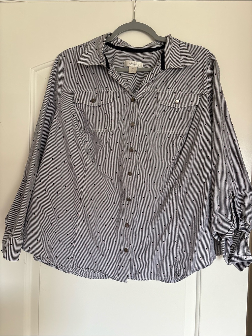 CJ Banks Light Gray Button-Down Shirt with Navy Dot Accents